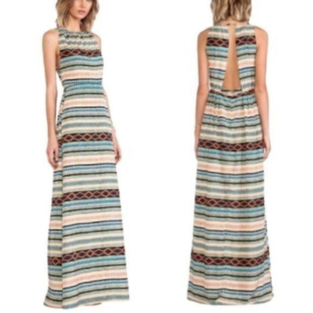 MM Couture Tribal Backless Cutout Maxi Dress Yellow XS